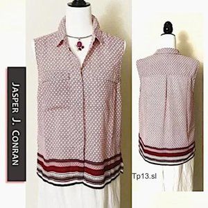 JASPER CONRAN Blouse Shirt Top Red White GeoPrint Sleeveless Collar Button Front